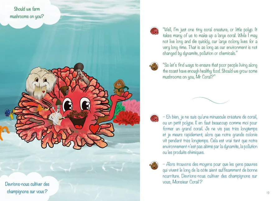 Page intérieure de « Prendre soin des coraux » : un corail et une éponge de mer se répondent, avec le texte de la fable, Les Fables de Gunter