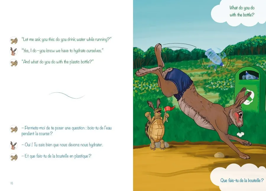 Page intérieure de « Bois-le, porte-le » : un lièvre trébuche sur une bouteille en plastique près d'une tortue, avec le texte de la fable, Les Fables de Gunter