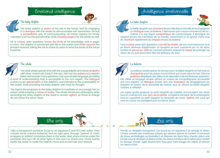 Page pédagogique « L'intelligence émotionnelle » du livret des Fables de Gunter, texte complet en français et en anglais