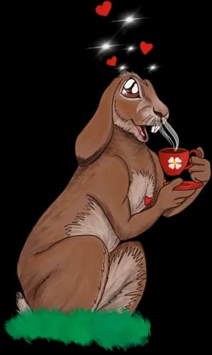 Un lièvre savourant une tasse de thé, illustration des Fables de Gunter