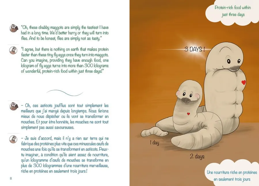 Página interior de «Baba de gusano»: dos gusanos ilustrados conversan, con el texto de la fábula, las Fábulas de Gunter