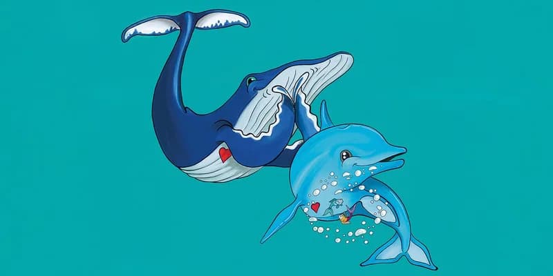 Una ballena y un delfín jugando juntos, ilustración de las Fábulas de Gunter