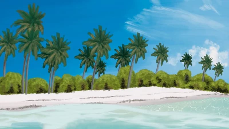 Una playa bordeada de palmeras, escena tropical de las Fábulas de Gunter