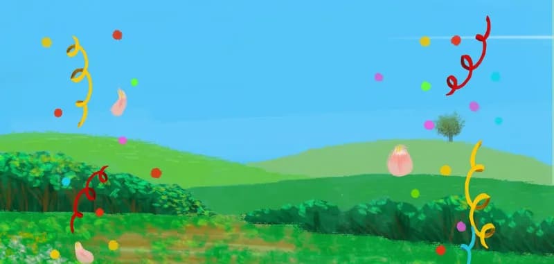 Una pradera en fiesta, cintas y confeti flotando en el aire, ilustración de las Fábulas de Gunter